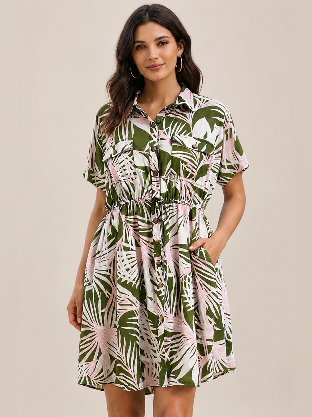 LOFT Olive & Pink Tropical Print Button-Up Dress